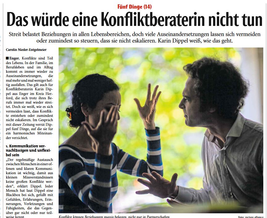 Mediation Bielefeld, Konfliktberatung: Das würde eine Konfliktberaterin nicht tun, Ausschnitt aus Zeitungsartikel v. 8.1.2024 mit Mediatorin und Konfliktberaterin Karin Dippel